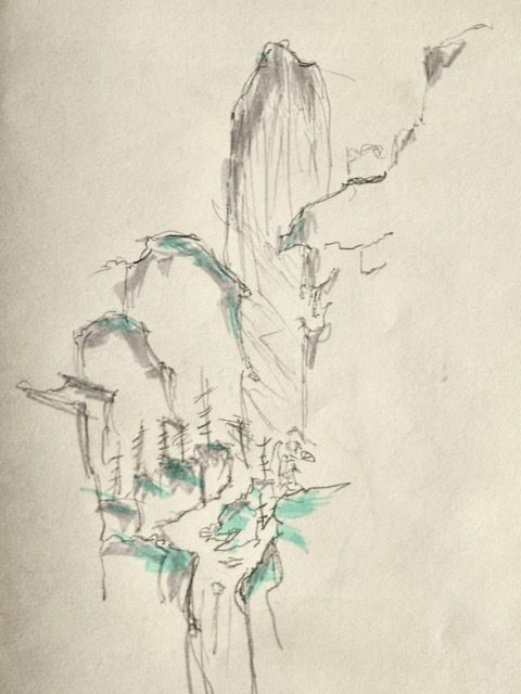 Sketch of some Japanese art showing mountains and a waterfall